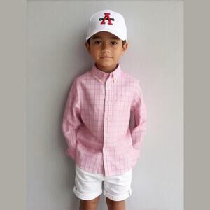 Crewcuts Boys Shirt Sz 4-5 Button Down Long Sleeve Pink White Plaid Dress